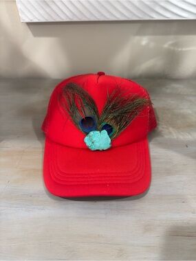 Boho Red Mesh Hat with Peacock Feathers and Turquoise Accent
